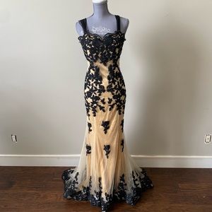 Black Lace Appliqué Evening Gown - Elegant Black and Nude Dress